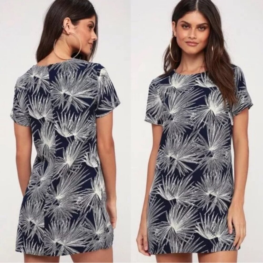 NWT Lulus Cancun Calling Navy Blue Print Short Sleeve Lined Shift Mini Dress XL